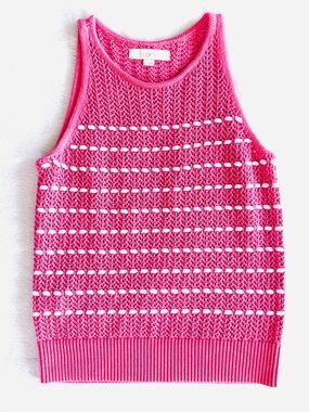 LOFT Sweater Knit Tank with Bobble Basket Weave Stripes, Pink & White, Size S